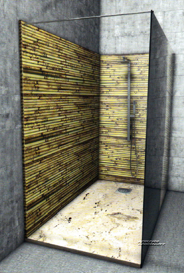 Plato de ducha extraplano con panel alto bambu